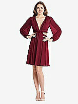 Alt View 1 Thumbnail - Burgundy Bishop Sleeve Ruffled Chiffon Cutout Mini Dress - Hannah