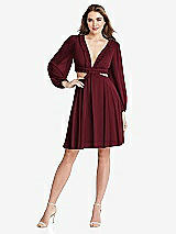 Front View Thumbnail - Cabernet Bishop Sleeve Ruffled Chiffon Cutout Mini Dress - Hannah