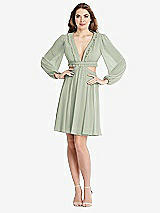 Alt View 1 Thumbnail - Celadon Bishop Sleeve Ruffled Chiffon Cutout Mini Dress - Hannah