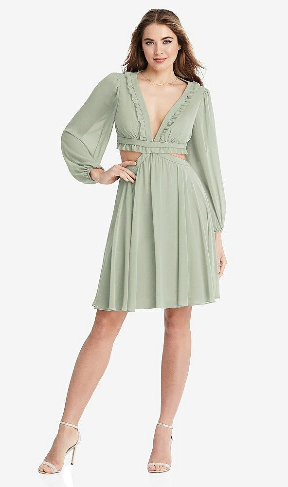 Front View - Celadon Bishop Sleeve Ruffled Chiffon Cutout Mini Dress - Hannah