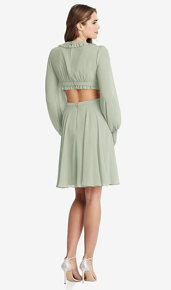 Back View - Celadon Bishop Sleeve Ruffled Chiffon Cutout Mini Dress - Hannah