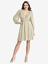 Front View Thumbnail - Champagne Bishop Sleeve Ruffled Chiffon Cutout Mini Dress - Hannah