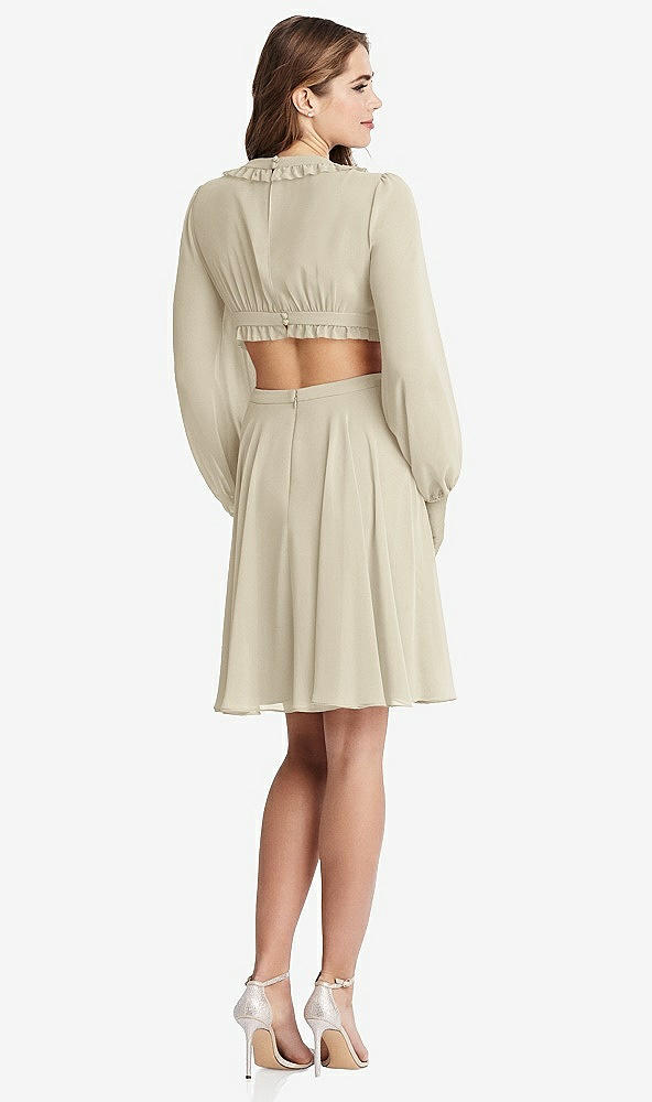 Back View - Champagne Bishop Sleeve Ruffled Chiffon Cutout Mini Dress - Hannah