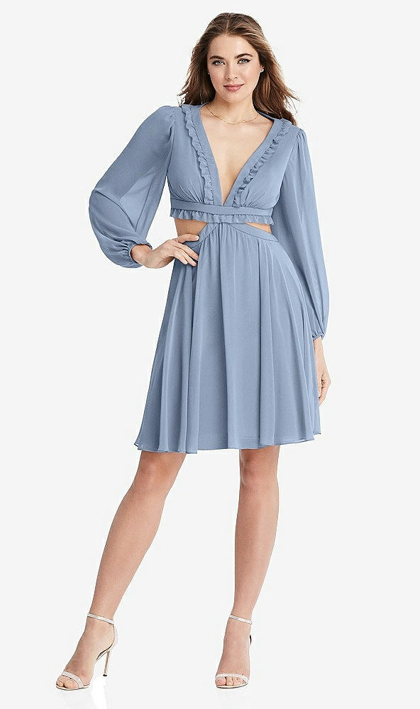 Front View - Cloudy Bishop Sleeve Ruffled Chiffon Cutout Mini Dress - Hannah