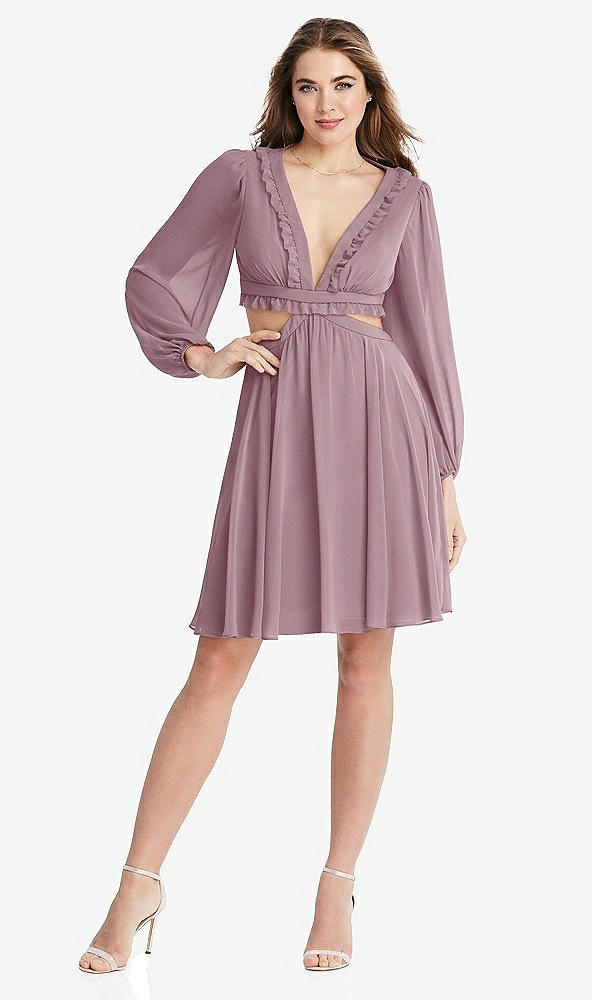 Front View - Dusty Rose Bishop Sleeve Ruffled Chiffon Cutout Mini Dress - Hannah