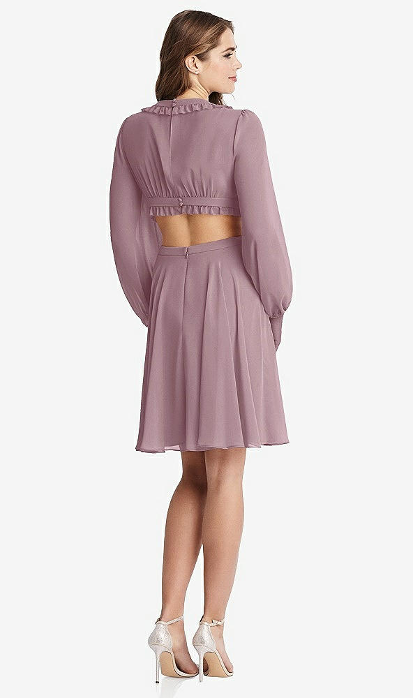 Back View - Dusty Rose Bishop Sleeve Ruffled Chiffon Cutout Mini Dress - Hannah