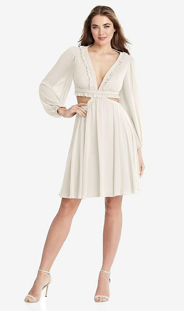 Front View - Ivory Bishop Sleeve Ruffled Chiffon Cutout Mini Dress - Hannah