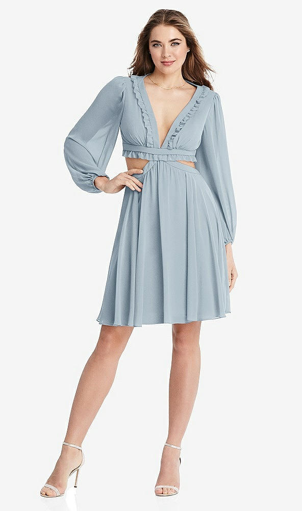 Front View - Mist Bishop Sleeve Ruffled Chiffon Cutout Mini Dress - Hannah