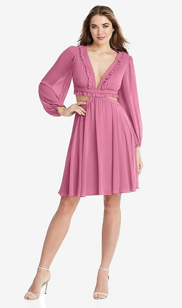 Front View - Orchid Pink Bishop Sleeve Ruffled Chiffon Cutout Mini Dress - Hannah