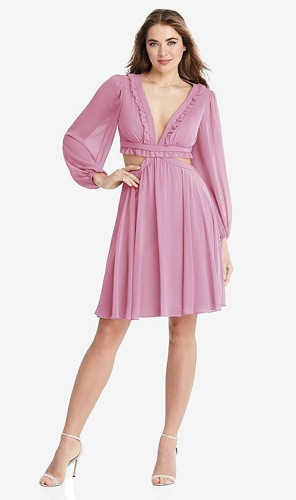 Front View - Powder Pink Bishop Sleeve Ruffled Chiffon Cutout Mini Dress - Hannah