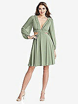 Front View Thumbnail - Sage Bishop Sleeve Ruffled Chiffon Cutout Mini Dress - Hannah