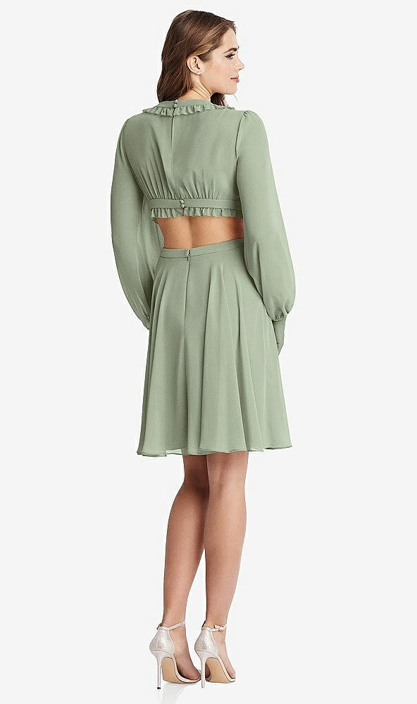 Back View - Sage Bishop Sleeve Ruffled Chiffon Cutout Mini Dress - Hannah