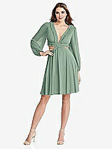 Front View Thumbnail - Seagrass Bishop Sleeve Ruffled Chiffon Cutout Mini Dress - Hannah