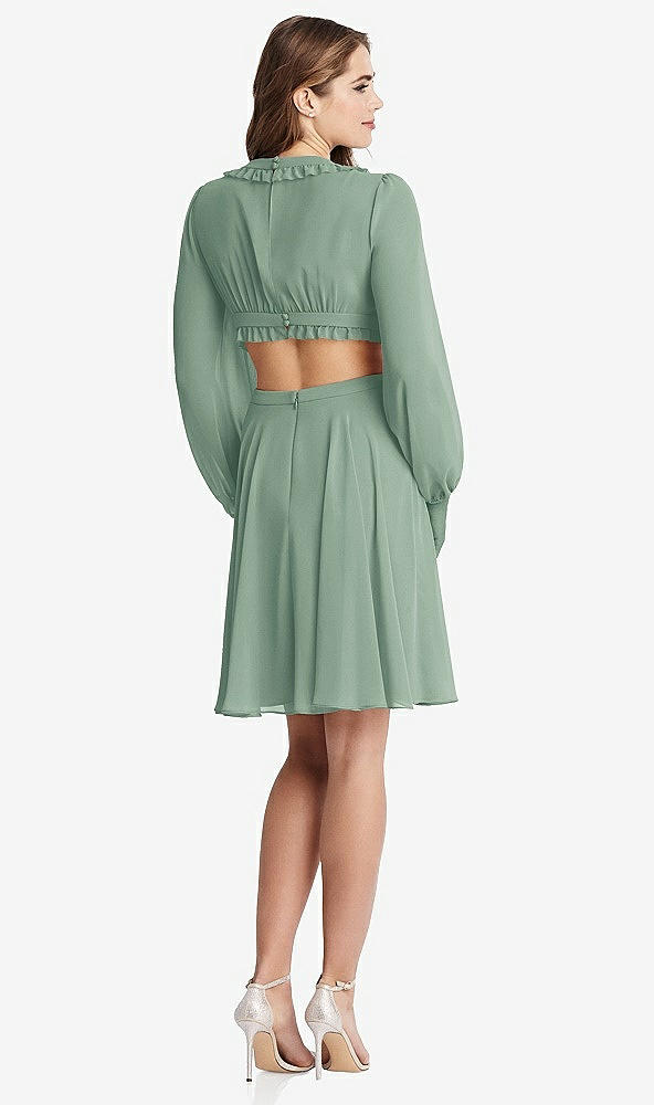 Back View - Seagrass Bishop Sleeve Ruffled Chiffon Cutout Mini Dress - Hannah