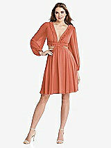 Front View Thumbnail - Terracotta Copper Bishop Sleeve Ruffled Chiffon Cutout Mini Dress - Hannah