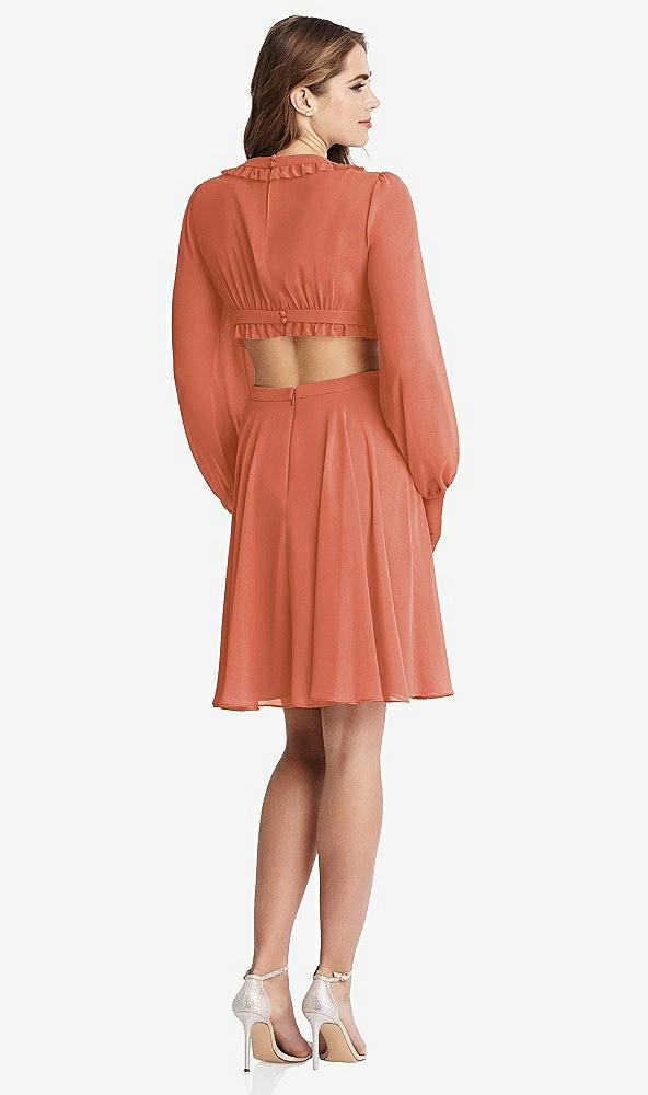 Back View - Terracotta Copper Bishop Sleeve Ruffled Chiffon Cutout Mini Dress - Hannah