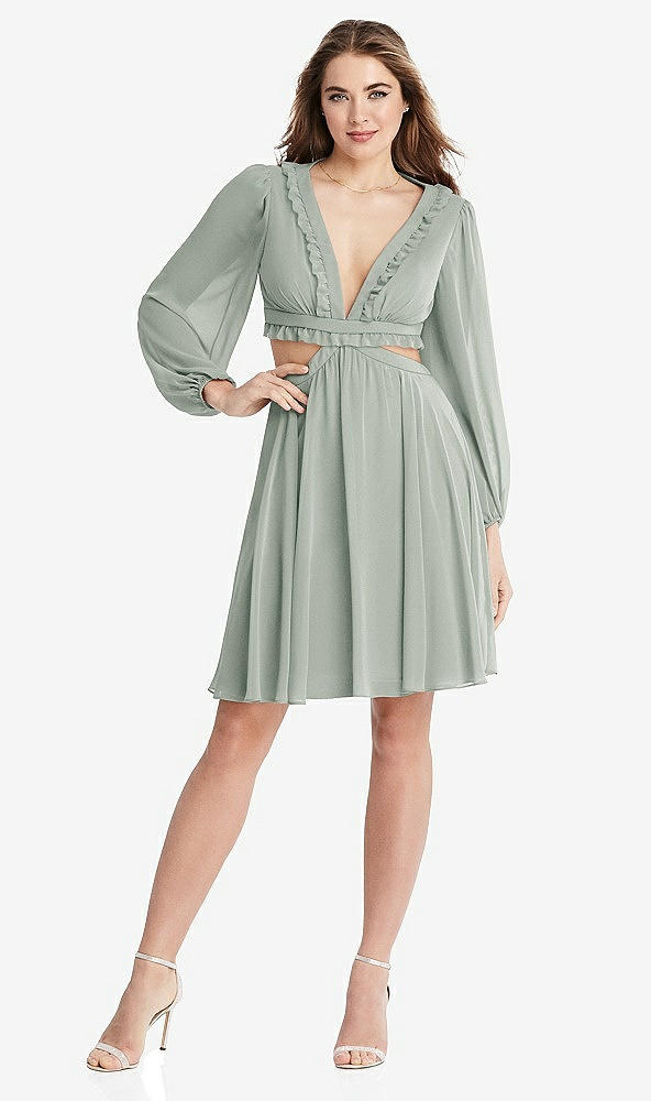 Front View - Willow Green Bishop Sleeve Ruffled Chiffon Cutout Mini Dress - Hannah