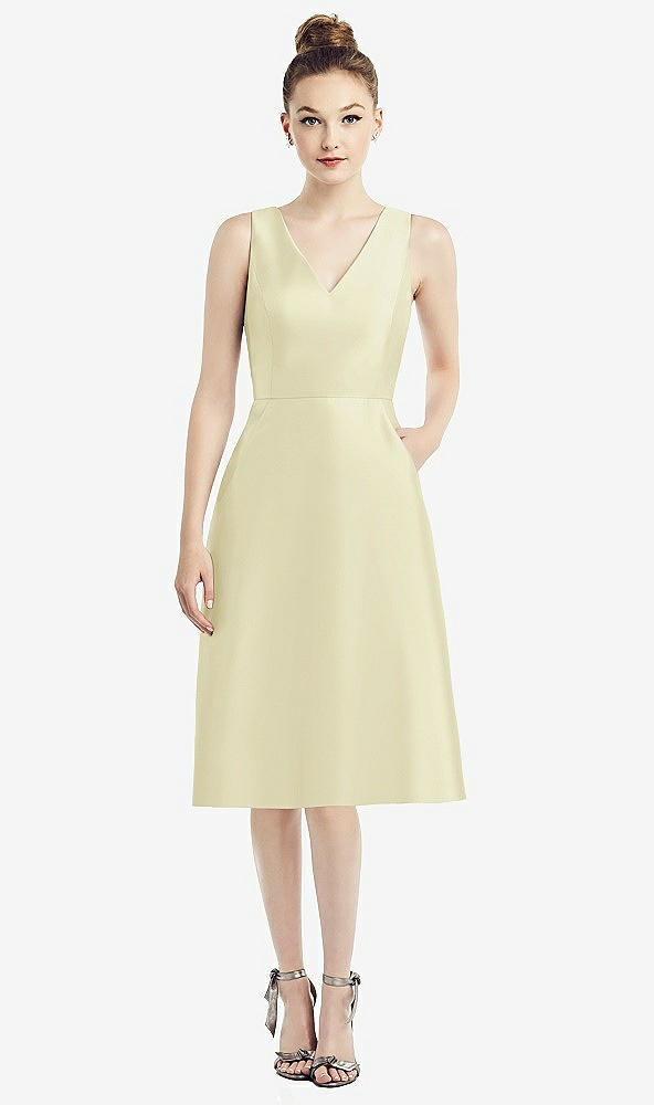 Front View - Butter Yellow Sleeveless V-Neck Satin Midi Dress with Pockets