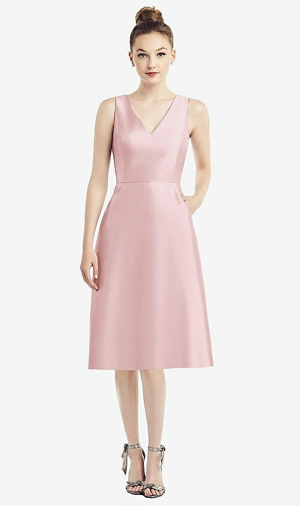 Front View - Ballet Pink Sleeveless V-Neck Satin Midi Dress with Pockets