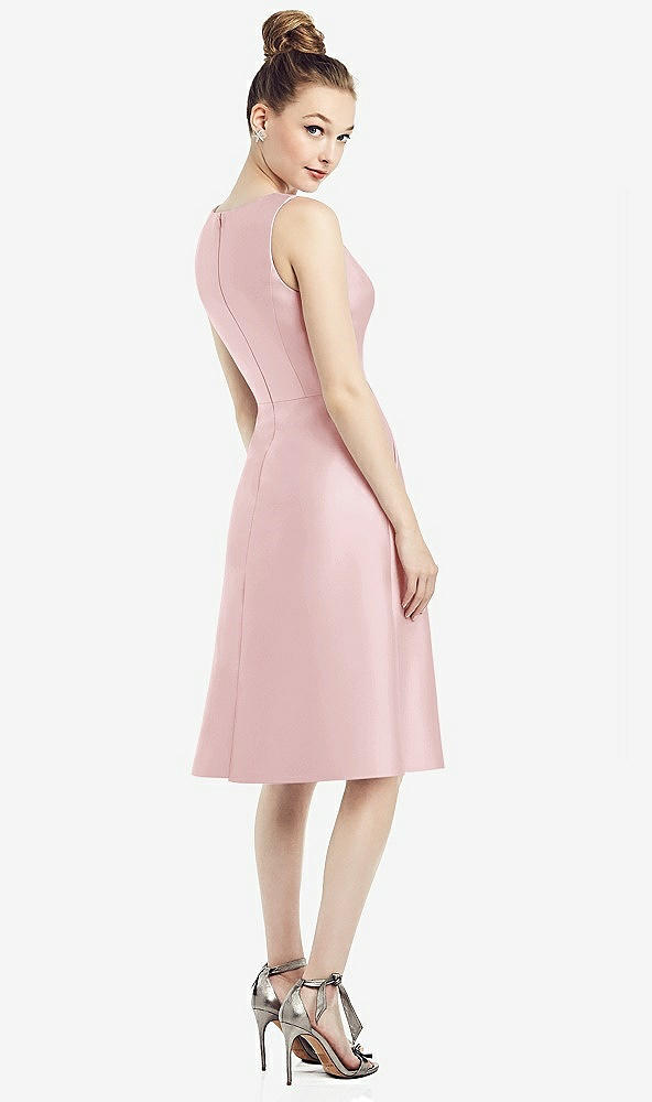 Back View - Ballet Pink Sleeveless V-Neck Satin Midi Dress with Pockets