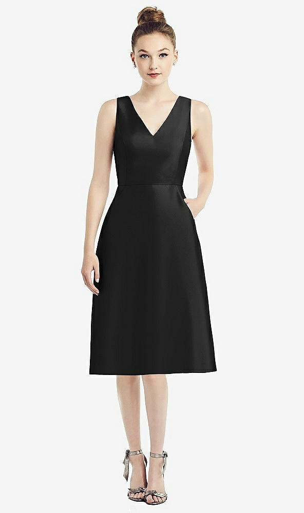 Front View - Black Sleeveless V-Neck Satin Midi Dress with Pockets