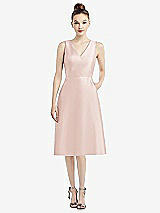 Front View Thumbnail - Blush Sleeveless V-Neck Satin Midi Dress with Pockets