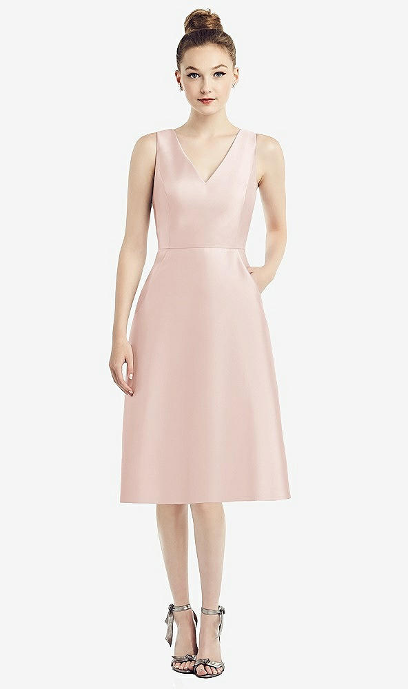 Front View - Blush Sleeveless V-Neck Satin Midi Dress with Pockets