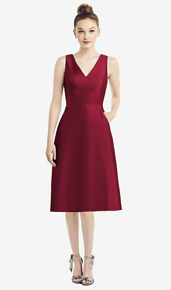 Front View - Burgundy Sleeveless V-Neck Satin Midi Dress with Pockets