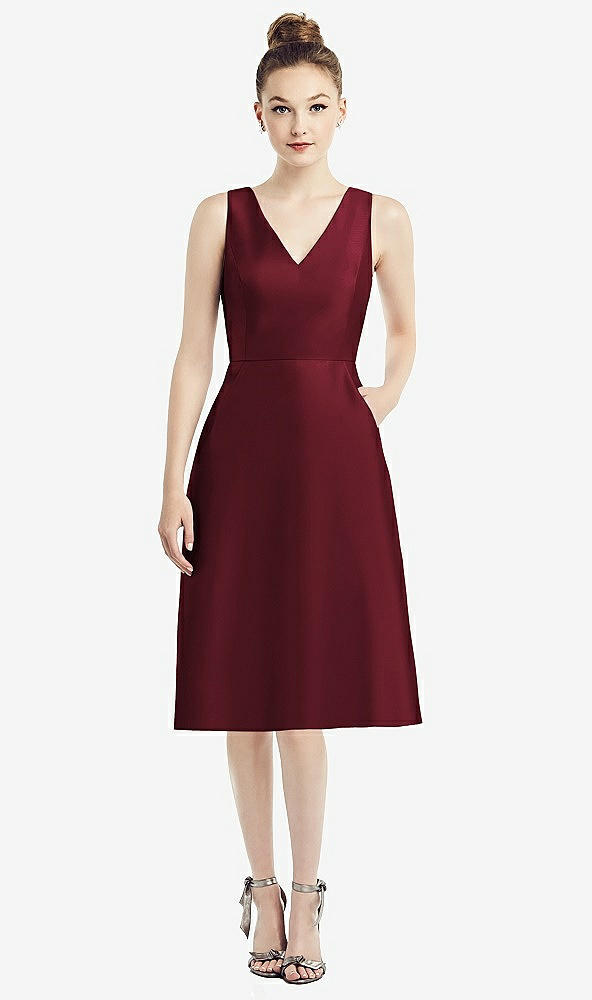 Front View - Cabernet Sleeveless V-Neck Satin Midi Dress with Pockets