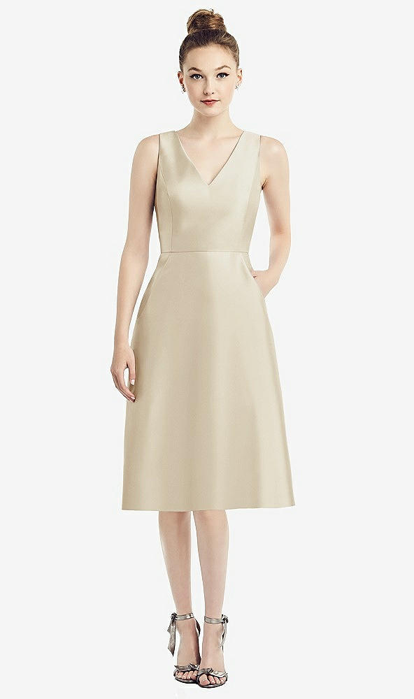 Front View - Champagne Sleeveless V-Neck Satin Midi Dress with Pockets