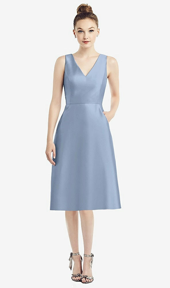 Front View - Cloudy Sleeveless V-Neck Satin Midi Dress with Pockets