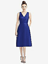 Front View Thumbnail - Cobalt Blue Sleeveless V-Neck Satin Midi Dress with Pockets
