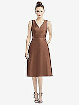 Front View Thumbnail - Cognac Sleeveless V-Neck Satin Midi Dress with Pockets