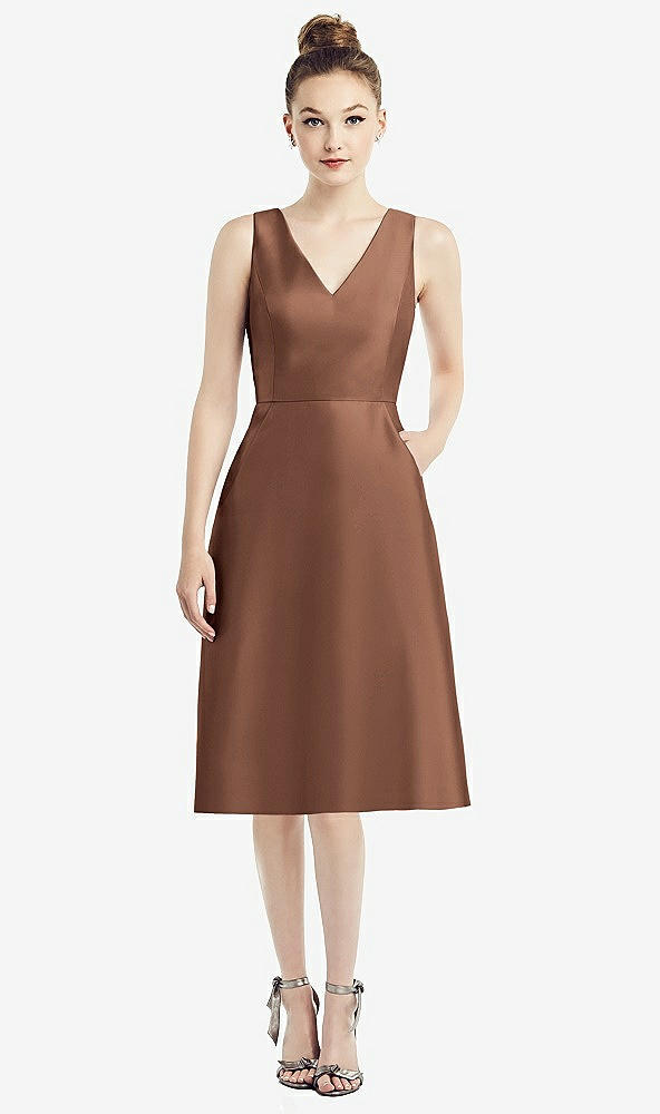 Front View - Cognac Sleeveless V-Neck Satin Midi Dress with Pockets