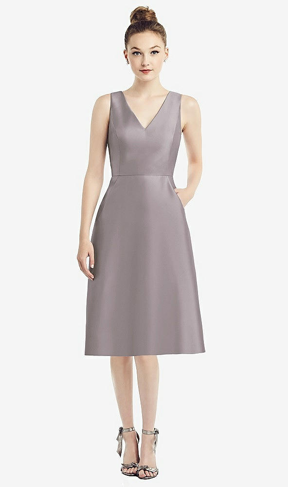 Front View - Cashmere Gray Sleeveless V-Neck Satin Midi Dress with Pockets
