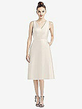 Front View Thumbnail - Ivory Sleeveless V-Neck Satin Midi Dress with Pockets