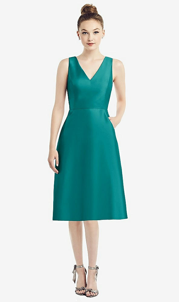 Front View - Jade Sleeveless V-Neck Satin Midi Dress with Pockets