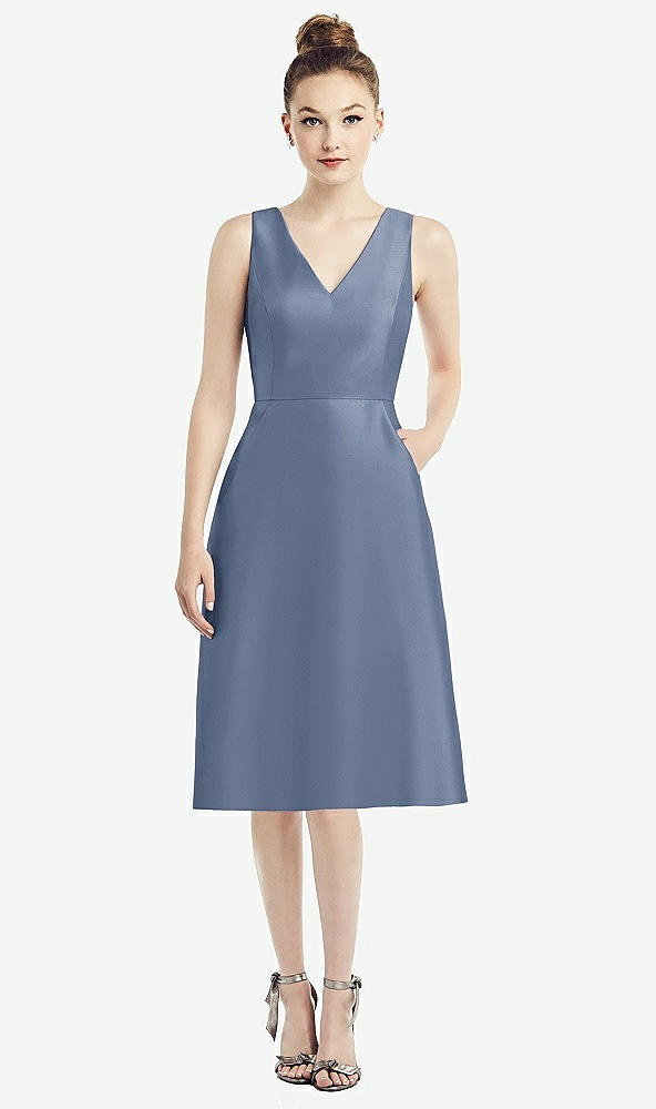 Front View - Larkspur Blue Sleeveless V-Neck Satin Midi Dress with Pockets
