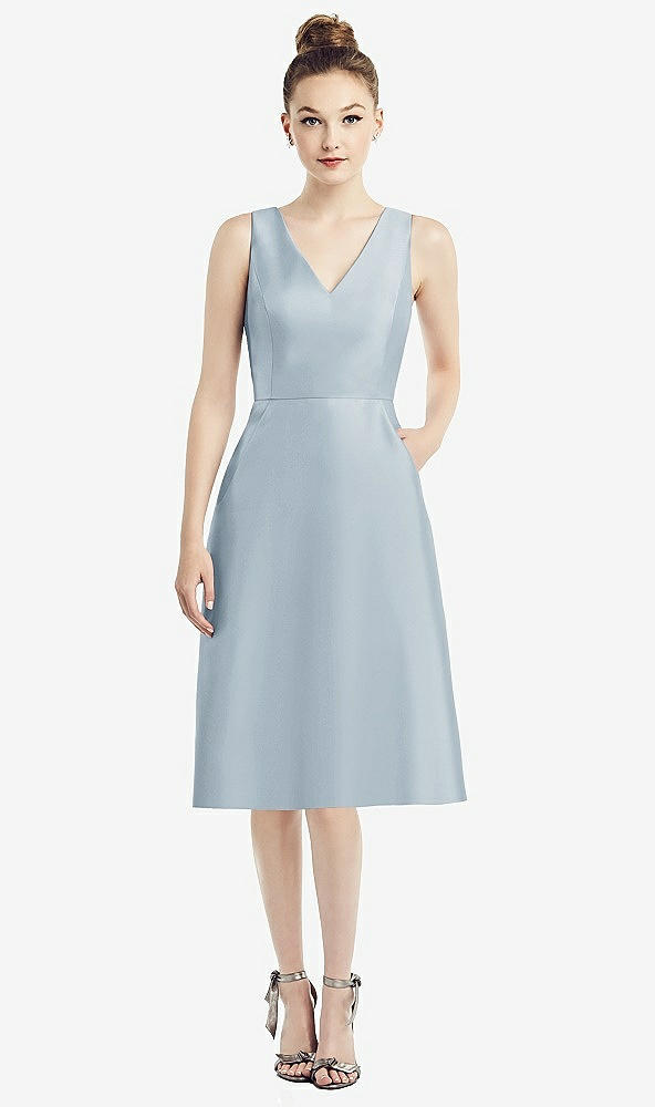 Front View - Mist Sleeveless V-Neck Satin Midi Dress with Pockets