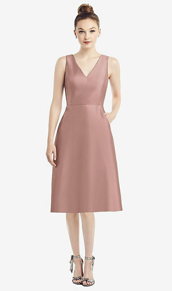 Front View - Neu Nude Sleeveless V-Neck Satin Midi Dress with Pockets