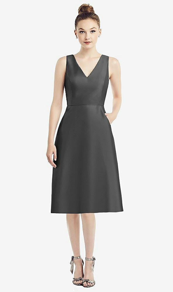 Front View - Pewter Sleeveless V-Neck Satin Midi Dress with Pockets