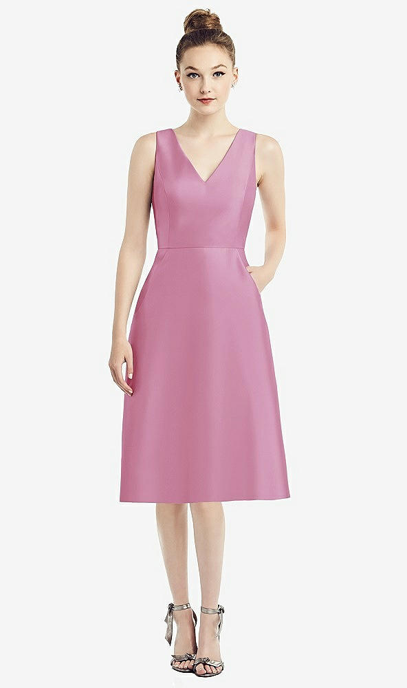 Front View - Powder Pink Sleeveless V-Neck Satin Midi Dress with Pockets