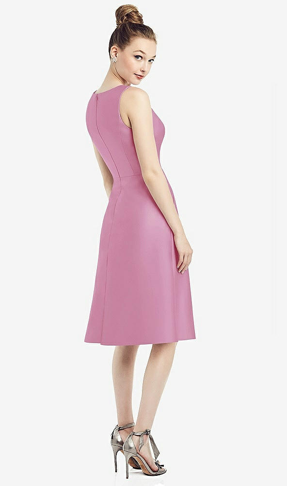 Back View - Powder Pink Sleeveless V-Neck Satin Midi Dress with Pockets