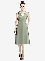 Front View Thumbnail - Sage Sleeveless V-Neck Satin Midi Dress with Pockets