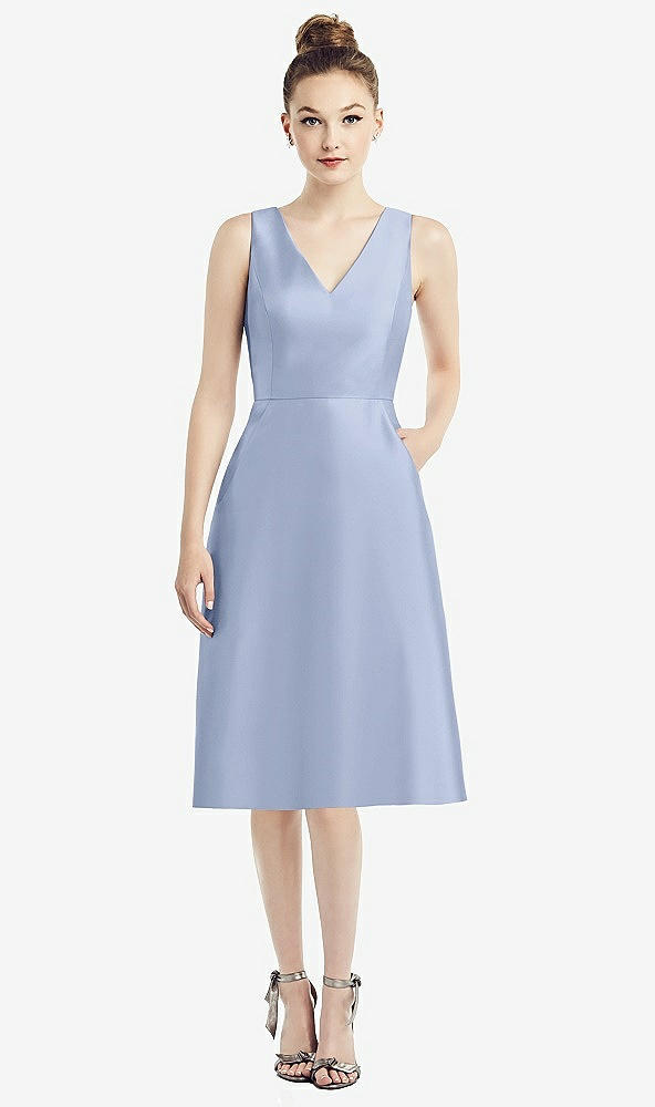 Front View - Sky Blue Sleeveless V-Neck Satin Midi Dress with Pockets