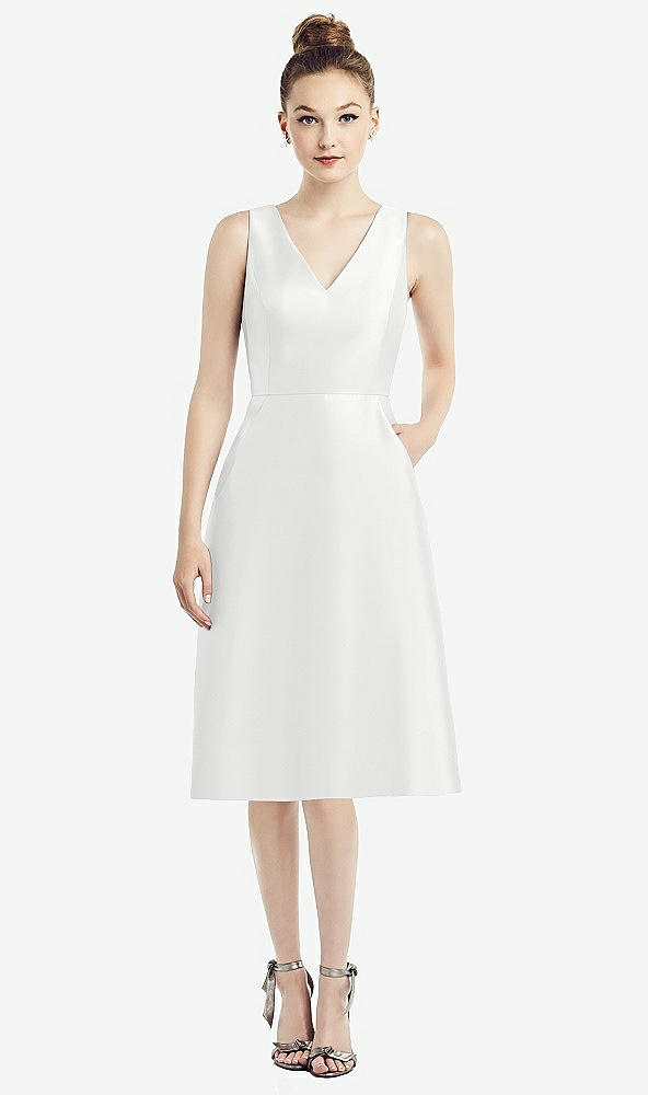 Front View - White Sleeveless V-Neck Satin Midi Dress with Pockets