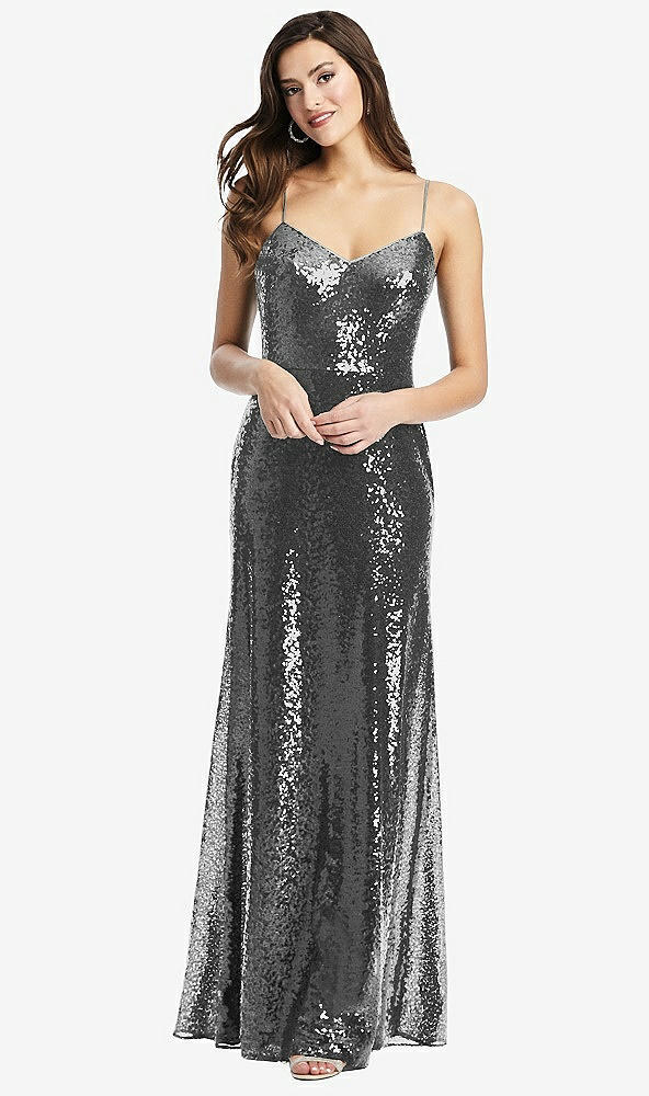 Front View - Stardust Spaghetti Strap Sequin Gown with Flared Skirt