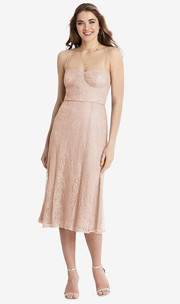 Front View - Cameo Lace Bustier Midi Dress with Spaghetti Straps