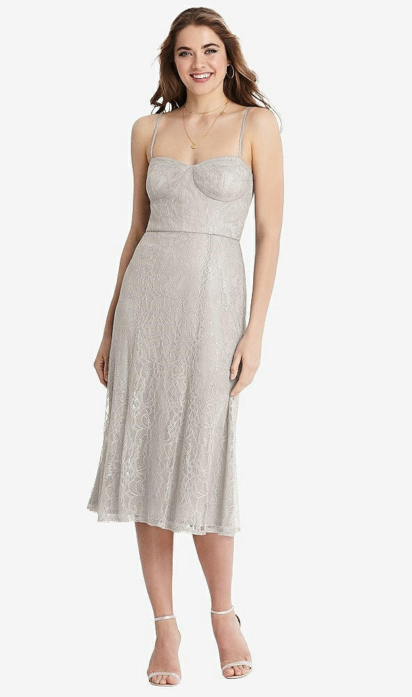 Front View - Oyster Lace Bustier Midi Dress with Spaghetti Straps