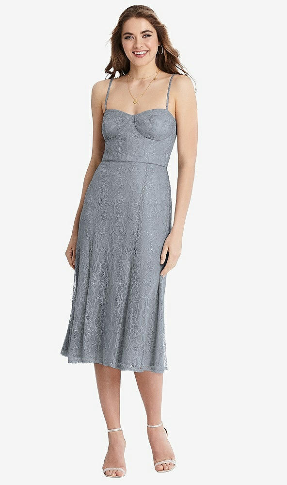 Front View - Platinum Lace Bustier Midi Dress with Spaghetti Straps